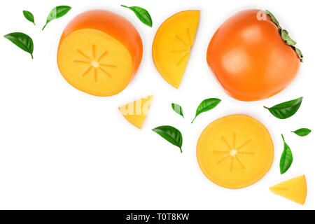 Persimmon Scheibe auf weißem Hintergrund mit Kopie Platz für Ihren Text isoliert. Ansicht von oben. Flach Muster. Stockfoto