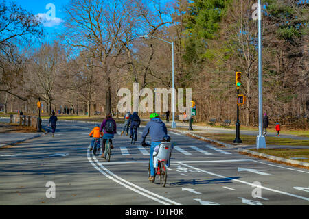 Vater und Kind reiten Fahrrad im Park. Stockfoto