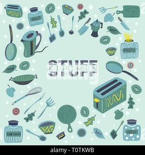 Hand gezeichnet Küchengeräte und Geschirr Komposition mit Kopie Raum Stock Vektor