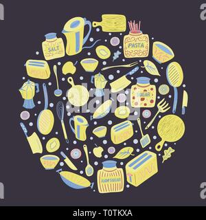 Küchengeräte, Geschirr und Besteck - Hand gezeichnet illulstration Design Stock Vektor