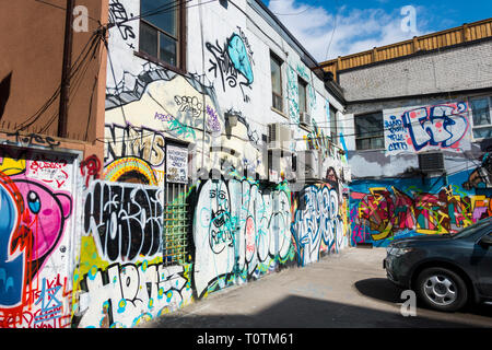 Eine große Anzahl von bunten Wandmalereien, die zu einer ungewöhnlichen Touristenattraktion in einer Gegend geworden sind, die als Graffiti Alley in Toronto Ontario Canada bekannt ist Stockfoto