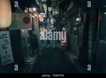 Abend in Omoide Yokocho in Shinjuku, Tokyo. Omoide Yokocho ist ein Labyrinth von engen Gassen in der Nähe des Shinjuku Bahnhofs berühmt für seine kleinen Restaurants. Stockfoto