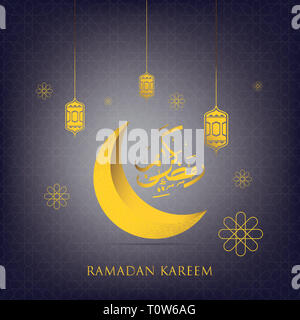 Ramadan Kareem arabische Kalligraphie Begrüßung mit Halbmond und Laternen. Stockfoto