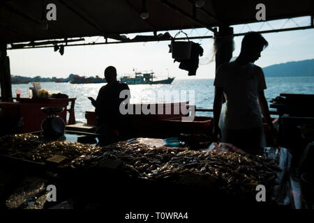 Verkäufer, die frischen Riesengarnelen an der Wasserseite Markt in Kota Kinabalu, Sabah, Borneo, Malaysia. Stockfoto