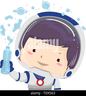 Abbildung: ein Kind Junge Astronaut Holding eine Flasche Wasser und Blobs von Wasser Stockfoto