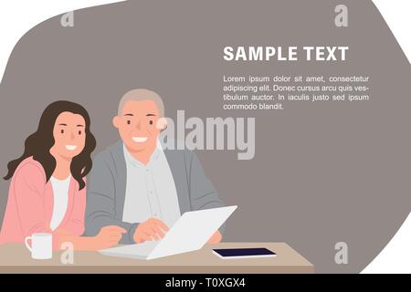 Menschen Cartoon Character Design banner Vorlage junge Tochter lehre Vater, wie Laptop zu benutzen. Ideal sowohl für Print und Web Design. Stock Vektor
