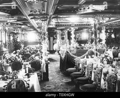 Transport/Verkehr, Navigation, Dampfschiffe, Inside, Fahrgastschiff "Augusta Victoria" der Hapag, Speisesaal, circa 1895,- Additional-Rights Clearance-Info - Not-Available Stockfoto