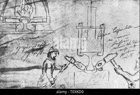Industrie, Metall, Stahlindustrie, zwei Arbeiter mit Hämmern, Zeichnung von Alfred Krupp, circa 1835,- Additional-Rights Clearance-Info - Not-Available Stockfoto