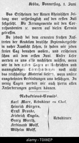 Presse/Medien, Zeitschriften, 'Neue Rheinische Zeitung', Anmerkung von der Redaktion, Herausgeber: Karl Marx (1818-1883), Köln, 1.6.1848, Additional-Rights - Clearance-Info - Not-Available Stockfoto