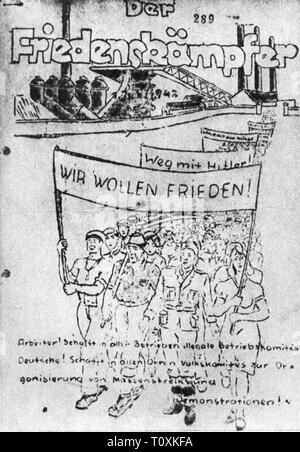 Presse/Medien, Zeitschriften, 'Der Friedenskaempfer' (der Kämpfer für den Frieden), Vorderseite, Herausgeber: Wilhelm Knoechel (1899-1944), Düsseldorf, 1942 Deutschland, NS, Nationalsozialismus, Nationalsozialismus, Nationalsozialismus, Deutsche Reich, Drittes Reich, Grafik, Grafiken, Titel, Titel, Impressum, Script, Scripts, Politik, Politik, Kommunismus, Sozialismus, U-Bahn-, U-Bahnen, Illegalität, Mitglied der Widerstand, Widerstandskämpfer, Mitglieder der Widerstand, Widerstandskämpfer, Zweiten Weltkrieg/WWII, Zeichnung, Typo, Schrift, Typ, Schriften, Schriftarten, Arten, Font, 20 Cent, Additional-Rights - Clearance-Info - Not-Available Stockfoto