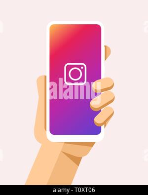Hand hält das Smartphone mit Instagram Anwendung auf dem Bildschirm. Flache Vektor moderne Telefon Mock-up Abbildung: Stock Vektor