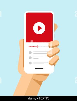 Hand hält das Smartphone mit video Datei auf dem Bildschirm. Flache Vektor moderne Telefon Mock-up Abbildung: Stock Vektor