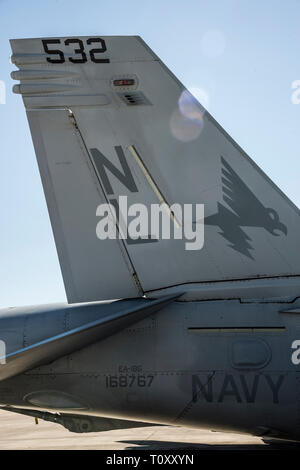 Ein U.S. Navy EA-18G Growler von der Electronic Attack Squadron 134, von der Naval Air Station Whidbey Island, Washington, ist auf der Flightline vor einer Mission, bei Red Flag 19-2 an der Nellis Air Force Base, Nev, 14. März 2019 geparkt. Die Growlers durchgeführt der Luftbetankung Missionen mit der Kolumbianischen Luftwaffe während der Übung. Die Kolumbianische MMTT Jupiter 767 war das einzige Flugzeug in der Lage ist, Luft-zu-Luft tanken Missionen für die growler während Red Flag 19-2 Aufgrund der Kompatibilität der verschiedenen Luftbetankung Systeme für die Übung zur Verfügung. (U.S. Air Force Foto Stockfoto