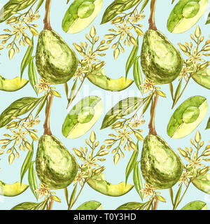 Avocado aquarell Hand zeichnen Abbildung auf weißem Hintergrund. Nahtlose Muster von Hand gezeichnet Avocado. Stockfoto