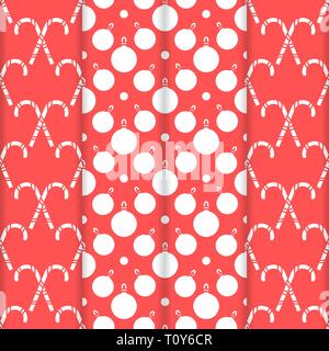 Satz von 4 Frohes neues Jahr 2019 und Weihnachten nahtlose Muster. Vector Illustration mit Zuckerstangen und Weihnachtskugeln. Design für die Verpackung, Stoff, Pr Stock Vektor