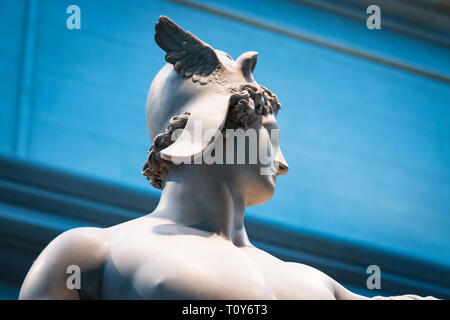 Perseus mit dem Haupt der Medusa ist eine Marmorskulptur von Antonio Canova auf Anzeige an das Metropolitan Museum der Kunst in New York City. Dieses Bild ist eine Nahaufnahme von seinem Gesicht im Profil. Stockfoto