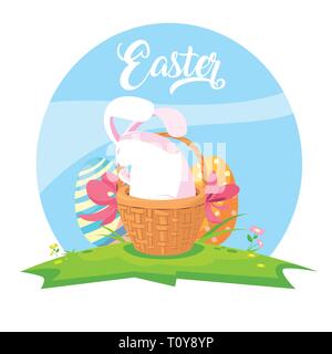 Niedliches Osterkaninchen mit Korbweide im Grasvektor Illustrationsdesign Stock Vektor