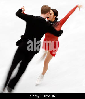 Saitama, Japan. 22 Mär, 2019. Madison Keil (R)/Evan Bates der Vereinigten Staaten während des Ice Dance Rhythmus Tanz Wettbewerb 2019 ISU World Eiskunstlauf-WM an der Saitama Super Arena in Saitama, Japan, am 22. März 2019. Madison Keil/Evan Bates auf Platz 6 mit 82.32. Credit: Wang Lili/Xinhua/Alamy leben Nachrichten Stockfoto