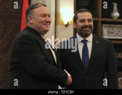 Beirut, Libanon. 22 Mär, 2019. US-Außenministerin Mike Pompeo trifft libanesischen Ministerpräsidenten Saad Hariri. Credit: Marwan Naamani/dpa/Alamy leben Nachrichten Stockfoto