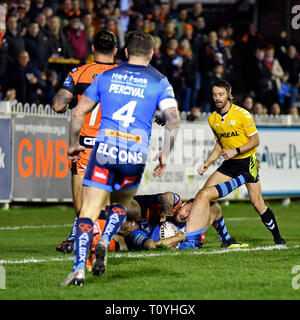 Wheldon Road, Castleford, UK. 22 Mär, 2019. Betfred Super League Rugby, Castleford Tiger gegen St Helens; Lachlan Coote von St Helens zählt einen versuchen, das Ergebnis 0 - 4 Credit: Aktion plus Sport/Alamy Leben Nachrichten zu machen Stockfoto