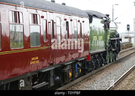 Rainham, UK. 23. März, 2019. Mayflower, die durch die Essex Land Seite und stoppt an Rainham Essex station. Die 61306 Mayflower ist einer von zwei Überlebenden B1 Klasse Lokomotiven gebaut wurde, für die London and North Eastern Railway, 61306 Mayflower ist einer von zwei Überlebenden B1 Klasse Lokomotiven. Die B1 wurden als gemischter Verkehr Lokomotiven in der Lage schleppen express Personenzüge sowie Güterverkehr konzipiert. Als leistungsfähige, klicken Sie an einer beliebigen Stelle Motoren, die B 1 Die meisten der britischen Eisenbahnnetz gegenüber von East Anglia nach Schottland gearbeitet. Credit: Aktion Foto Sport/Alamy leben Nachrichten Stockfoto