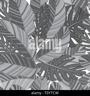 Monstera und Banane tropische Blätter nahtlose Textil schwarz-weißen Muster isoliert. Der Vektor Elemente, für die tropischen, exotischen, Sommer Design. Stock Vektor