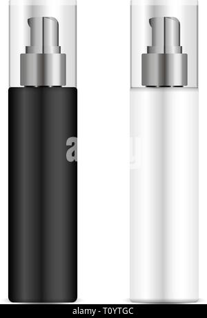 Schwarze und weiße Pumpe dispenser Flasche für flüssige Seife, Schaum, Gel oder tonale Creme. Kosmetik mockup Paket. 3d realistische Vector Illustration. Stock Vektor