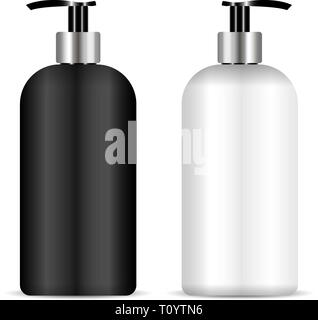 Pumpe Flaschen stellen Sie realistische Eps 10 Vector Illustration. Schwarz und Weiß. Elit Kosmetik Paket mit Dispenser für Flüssigseife, Creme, Shampoo, Oi Stock Vektor