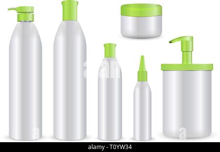 Realistische kosmetische Flasche auf weißem Hintergrund. Kosmetische Behälter und Rohre für Creme, Lotion, Shampoo, Duschgel, Balsam, Klimaanlage. 3D-Vektor Illus Stock Vektor
