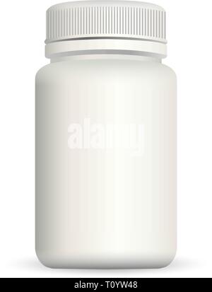 Medizinische Container für Drogen auf weißem Hintergrund. Realistische 3D-Vektor EPS 10 Abbildung. Verpackungen aus Kunststoff Flasche mit Kappe für Kosmetik, Vitamine, Pi Stock Vektor