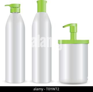 Kosmetische Flaschen mockup Vector Illustration. Satz von Shampoo, Seife oder Schaum, Gel Care Produkte auf weißem Hintergrund. Stock Vektor