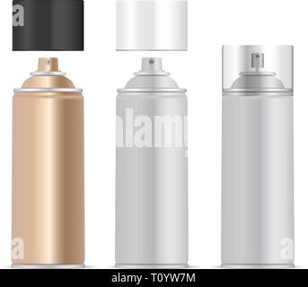 Aerosol Spray metall Flaschen mit verschiedenen Spendern und Deckel. Deodorant oder lackdosen Vorlage. Vektor Paket Abbildung auf weißen Ba isoliert Stock Vektor