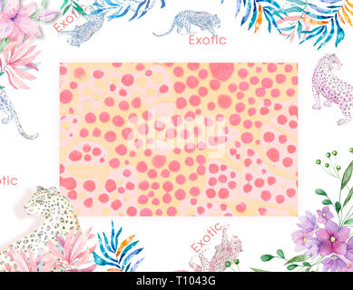 Aquarell Leopard und Blumen. Tropacal Blätter und Pflanzen, Korallen leben Rahmen mit roten Punkten horizontalen rechteckigen Rahmen. Greetting, Feier, Hochzeit, Stockfoto