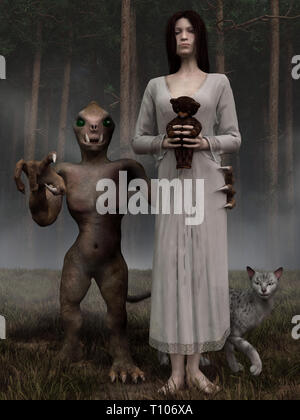 Eine blasse Junge Frau, Teddybär in der Hand, steht in ihrem Nachthemd vor einem dunklen Wald mit ihrer Katze. Eine gruselige Monster steht neben ihr. Stockfoto
