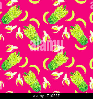 Gelbe Bananen öffnen, ganze und Tier, nahtlose Muster, Handgemalten Aquarell Abbildung, hell rosa Hintergrund Stockfoto