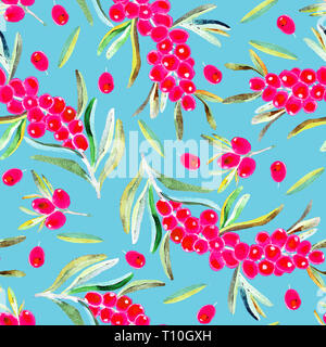Zweig mit reife rote Beeren, Beeren und Blätter, nahtlose Muster, handbemalte watercolor Illustration, Weicher blauer Hintergrund Stockfoto