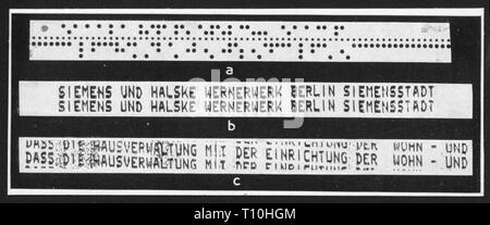 Post, Telegrafie, Feldhellschreiber Rudolf Hell, 1929, Schreiben Proben, a: lochband, b: Textile Bänder, c: Skript von atmosphärischen Störungen, 1935, verschmiert, schreiben Probe, Siemens, Hellschreiber, Fernschreiber, Fernschreiber, Erfindung, Erfindungen, Technik, Technologie, Technologien, der Transfer von Informationen, Kommunikation, Kommunikation, Telekommunikation, Telekommunikation, Telekommunikation, Deutschland, 20. Jahrhundert, 1930er Jahre, mail, Post, Störung, Störungen, Wisch, Verschmieren, Script, Scripts, historischen, geschichtlichen, Additional-Rights - Clearance-Info - Not-Available Stockfoto