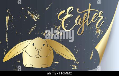 Ostern festliche Grußkarte golden Bunny und Schrift auf dunklem samt Hintergrund. Vector Illustration Grußkarte, ad, Förderung, Poster, Flyer. Stock Vektor