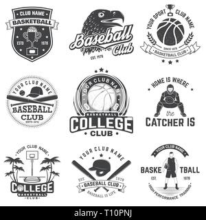 Satz von Basketball und Baseball Abzeichen, Emblem oder unterzeichnen. Vektor. Konzept für T-Shirt, Druck, Stempel, Bekleidung oder T-Stück. Vintage Design mit Basketball player, Baseballspieler und Sport ausrüstung Silhouette. Stock Vektor