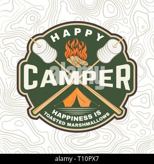 Happy Camper Patch. Glück ist gerösteten Marshmallows. Vektor. Vintage Typografie Design mit Camping Zelt, Lagerfeuer, Marshmallow auf einem Stick Silhouette. Konzept für Hemd oder Drucken, Stempel oder T-Stück Stock Vektor