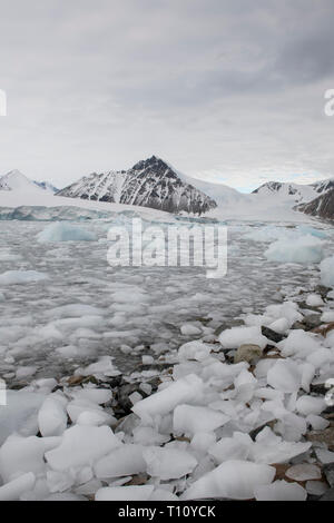 Antarktis, unterhalb der Antarktis Kreis. Antarktische Halbinsel, Marguerite Bay, Mystic Island. Bucht gefüllt mit Eis aus dem Nordosten Gletscher. Stockfoto