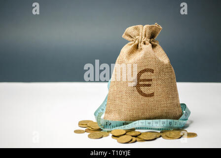 Geld beutel mit einem euro Zeichen und Maßband. Begrenztes Budget. Der Mangel an Geld. Das Konzept der Akkumulation von Geld in der Familie Haushalt. Familie Versicherung. Stockfoto