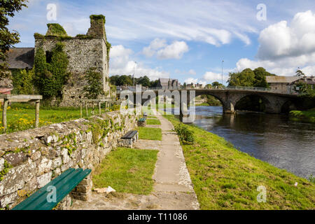 Thomastown liegt am Fluss Nore in der Grafschaft Kilkenny. Irland. Auf der linken Seite die Überreste von Thomastown Schloss. Stockfoto