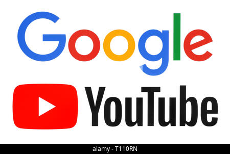 Kiew, Ukraine - Dezember 11, 2018: Google und Youtube Logos auf weißem Papier gedruckt. YouTube Unternehmen wurde von Google gekauft Stockfoto