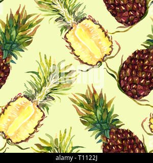 Ananas und schneiden Hälften, nahtlose Muster, handbemalte watercolor Illustration, sanften gelben Hintergrund Stockfoto
