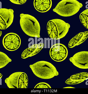 Zitrone Obst und Scheiben, helles Neon Farben Palette, nahtlose Muster, Handgemalten Aquarell Bild, schwarzer Hintergrund Stockfoto