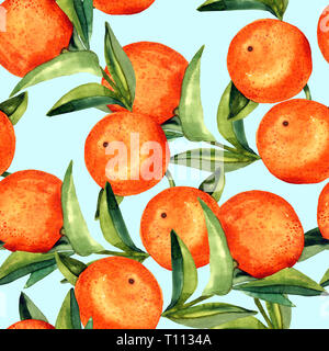 Orange Zweige mit Früchten, nahtlose Muster, handbemalte watercolor Illustration, Weicher blauer Hintergrund Stockfoto
