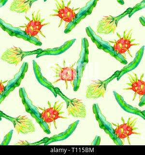 Zweig mit Dragon Obst und es ist Blume, nahtlose Muster, handbemalte watercolor Illustration, sanften gelben Hintergrund Stockfoto