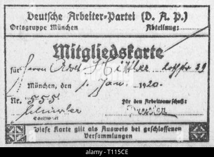 Nationalsozialismus / Nationalsozialismus, Organisationen, Organisation, erste Mitgliedskarte des Deutschen Arbeiterpartei (Labour Party) von Adolf Hitler, die Mitgliedsnummer 555, München, 1.1.1920, party Membership Card partei Mitglied, Mitglied einer Partei, ein Mitglied der Partei, NSDAP, Faksimile, Unterschrift, Signatur, Anton Drexler, DAP, Politik, Politik, Deutschland, Deutsches Reich, Weimarer Republik, 20. Jahrhundert, 1920er Jahre, Organisationen, Organisationen, Organisation, Organisation, Mitgliedschaft, Mitgliedskarten, Partei der Arbeit, Arbeitsmarkt Parteien, Mitgliedschaft taub, Additional-Rights - Clearance-Info - Not-Available Stockfoto