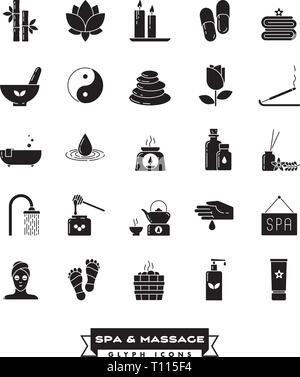 Sammlung von Health Spa, Massage und Entspannung Glyphe Symbole Vector Illustration Stock Vektor